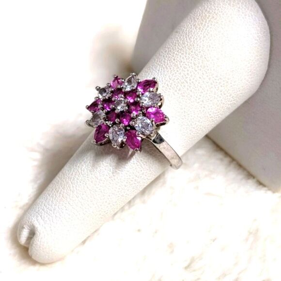 Vintage Pink & White Cubic Zirconia Ring  Rhodium Plated - Picture 7 of 13